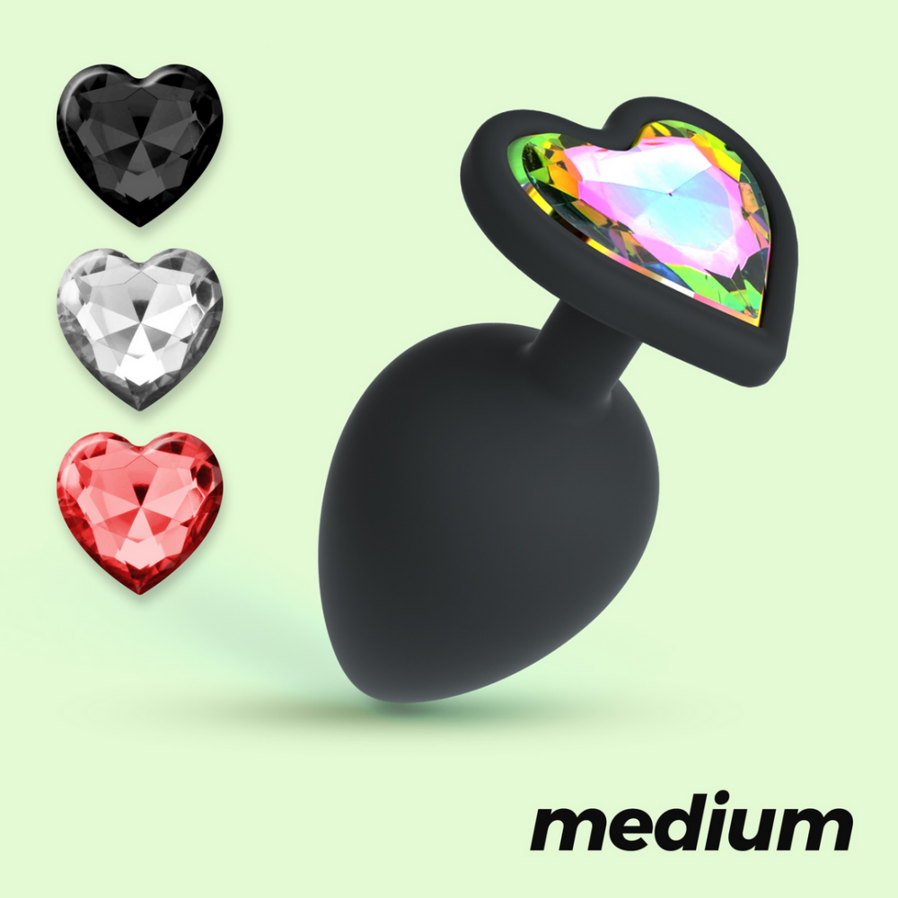 Cuore - Plug Anal con Cuatro Joyas Intercambiables - Mediano - Negro